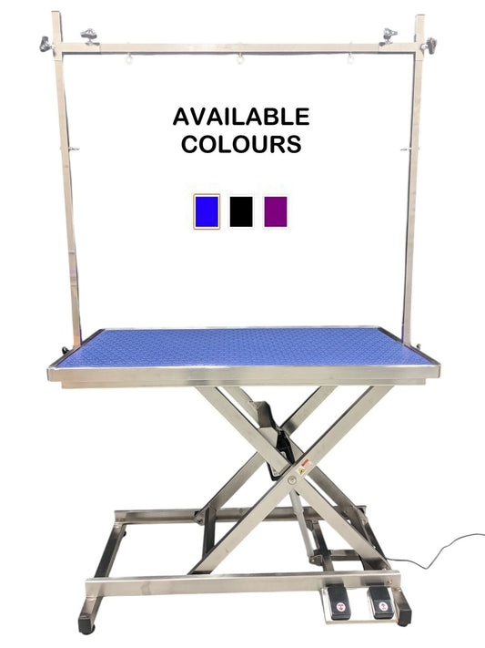 Stainless Steel Electric Lift Grooming Table Blue Locking Castor