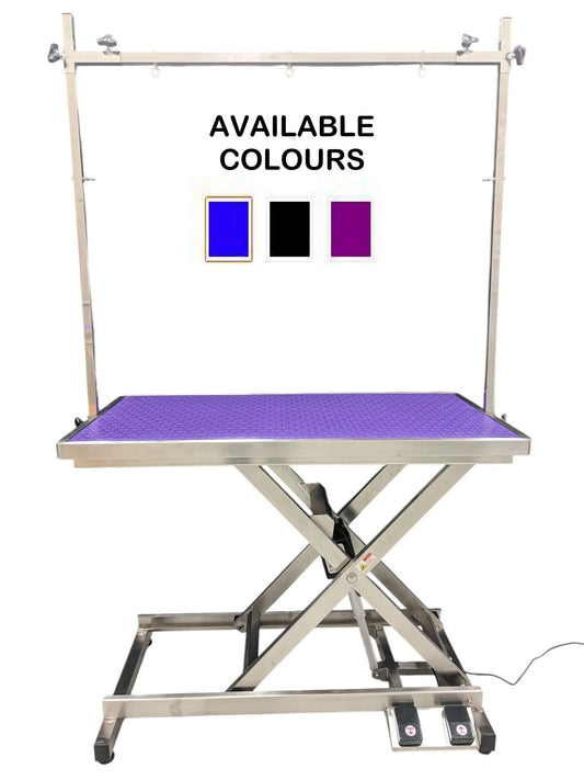 Stainless Steel Electric Lift Grooming Table Purple Locking Castor