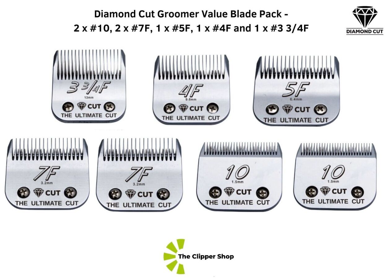 Diamond Cut Groomer Value Blade Pack 2 x #10 2 x #7F 1 x #5F 1 x #4F 1 x #3 3/4F