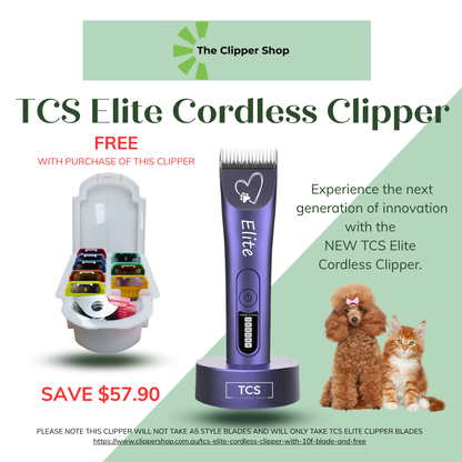 TCS Elite Cordless Clipper with 10F Blade and Attachment Comb Set