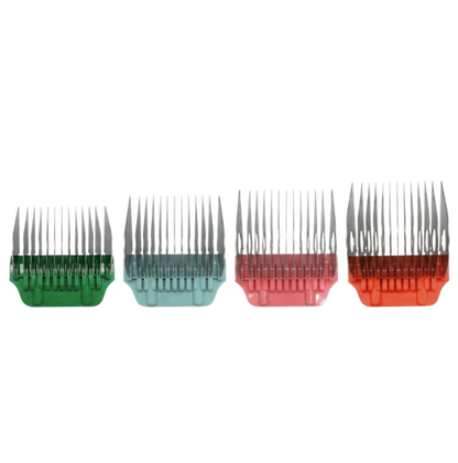 Four wide attachment clipper combs lined up side-by-side against a plain white background. Each comb features stainless steel teeth and a uniquely color-coded plastic base in green, light blue, pink, and orange