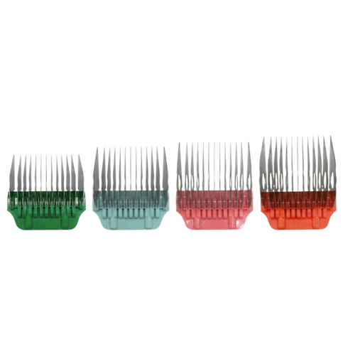 Four wide attachment clipper combs lined up side-by-side against a plain white background. Each comb features stainless steel teeth and a uniquely color-coded plastic base in green, light blue, pink, and orange