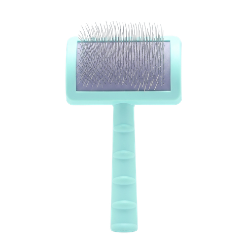 A pet grooming brush with a light mint green handle and head, featuring silver metal bristles on a purple-tinted pad, isolated on a white background.