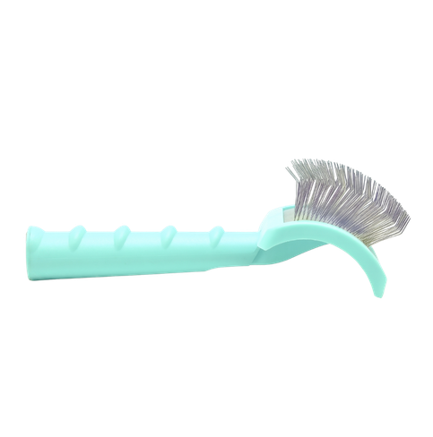 A mint green plastic pet grooming brush with metal bristles, shown against a plain white background.