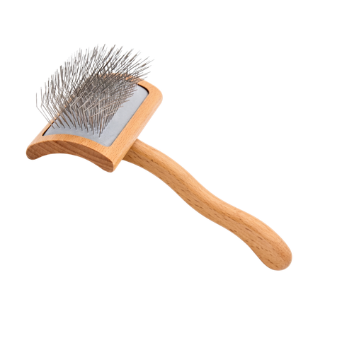 A wooden pet grooming brush with a light natural wood handle and frame, a silver metal grooming plate, and dark metal guard hairs, shown on a plain white background.