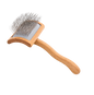 A wooden pet grooming brush with a light natural wood handle and frame, a silver metal grooming plate, and dark metal guard hairs, shown on a plain white background.